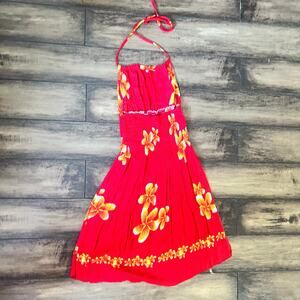 red halter dress with a yellow and orange floral pattern | one size